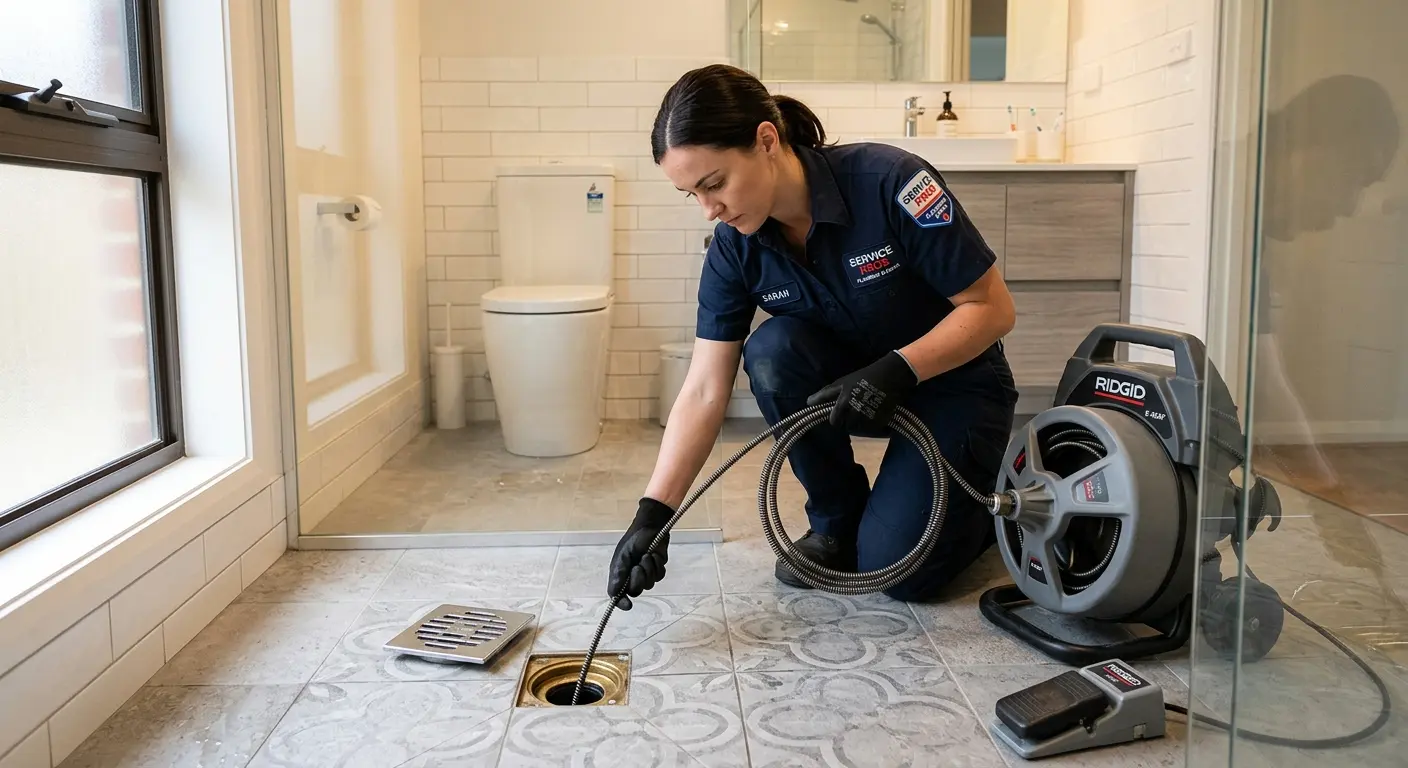 Technician clearing a bathroom floor drain for Hydro Jetting in Bellevue